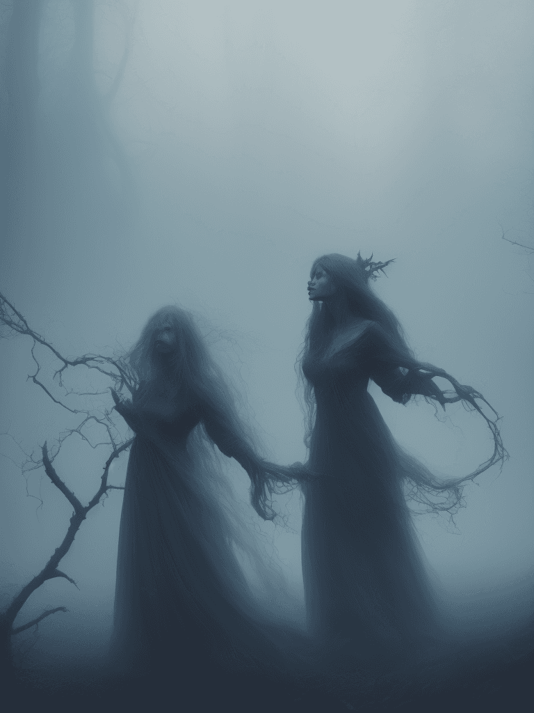 AI generated: witch in mist, Realistic, Hauntingly beautiful, feerie lighting, wispy tendrils, etherial, Highly de...