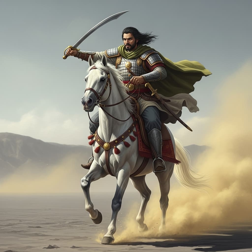 AI generated: A 6th-century Arab warrior on a muscular white horse, wearing Arab war clothes and armor-like scales...