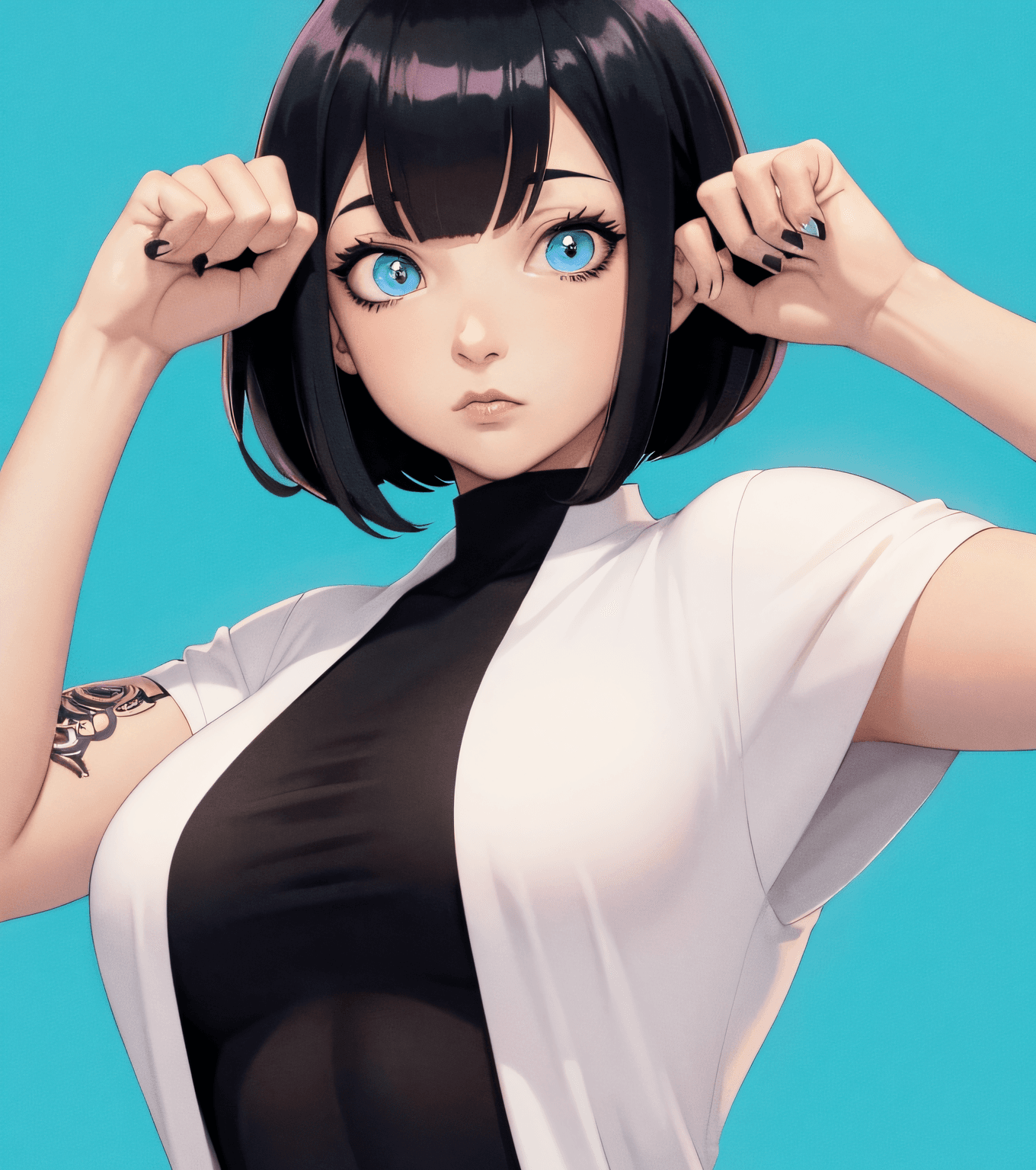 AI generated: 1girl, short black hair, blue eyes, Anime girl with tattoos posing in a black outfit, digital anime ...