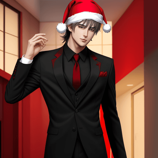 AI generated: Attractive anime male in a red and black suit with a Santa hat on
