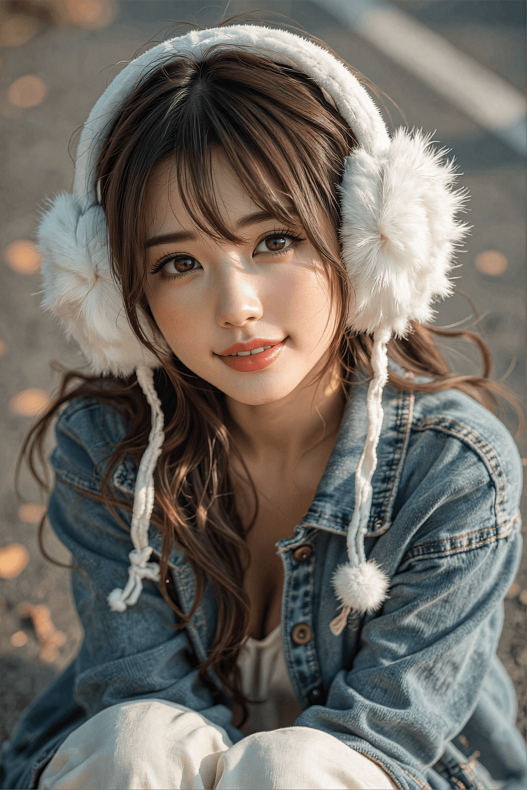 AI generated: A photorealistic high-angle outdoor portrait of a cute young Asian woman looking up at the camera. S...