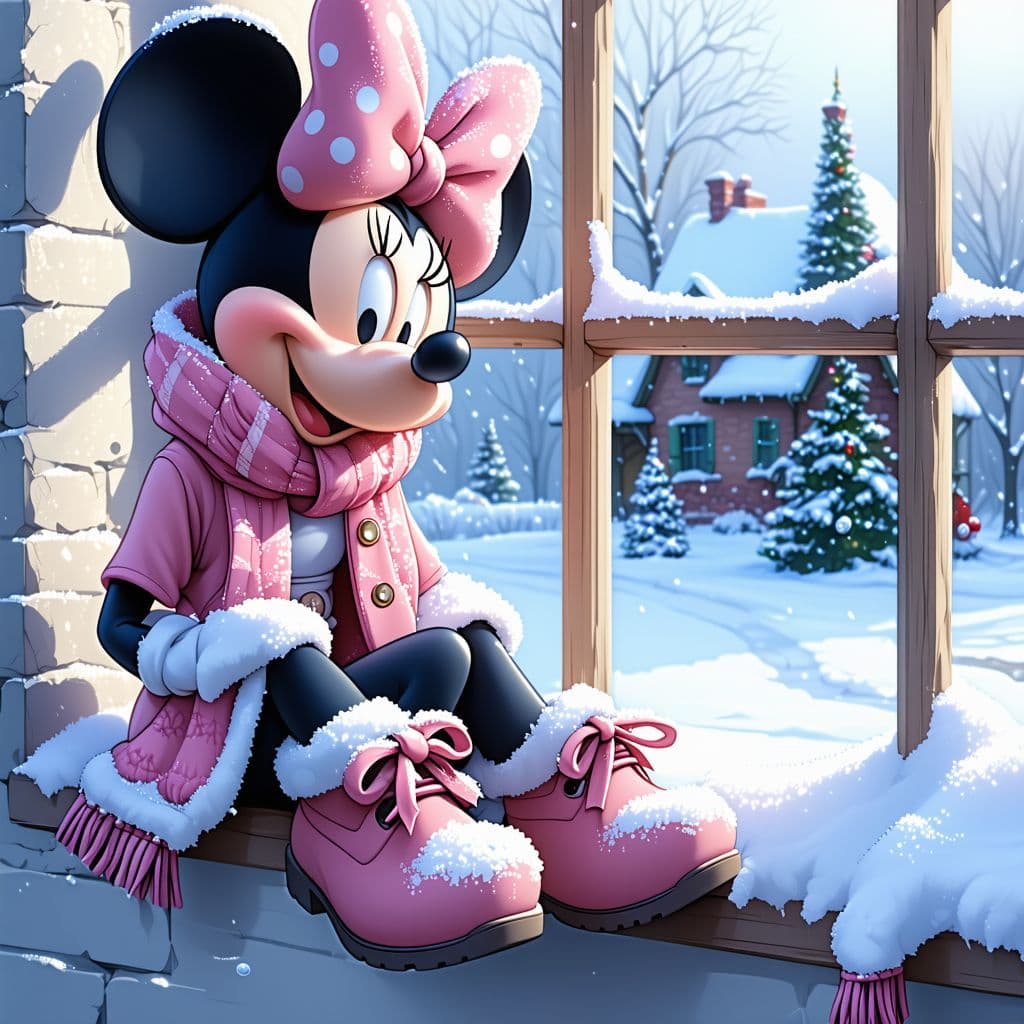 AI generated: Minnie Mouse, winter scene, by a window. Pink bow, decorated boots, incredibly detailed face and han...