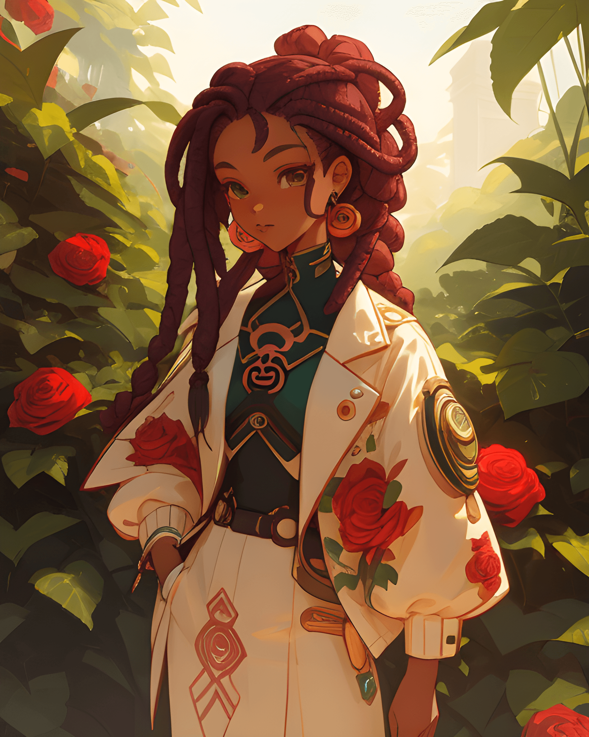 AI generated: a woman with dreadlocks standing in a garden, a character portrait, trending on cg society, afrofutu...