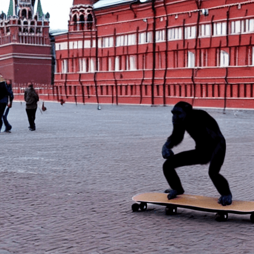AI generated: a monkey with a grenade in his right hand rides a skateboard along Red Square, Putin sweeps Red Squa...