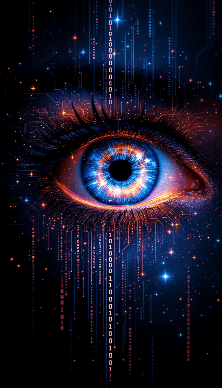 AI generated:  A powerful image of a human eye, the iris replaced by an infinite vista of stars and nebulae in vib...