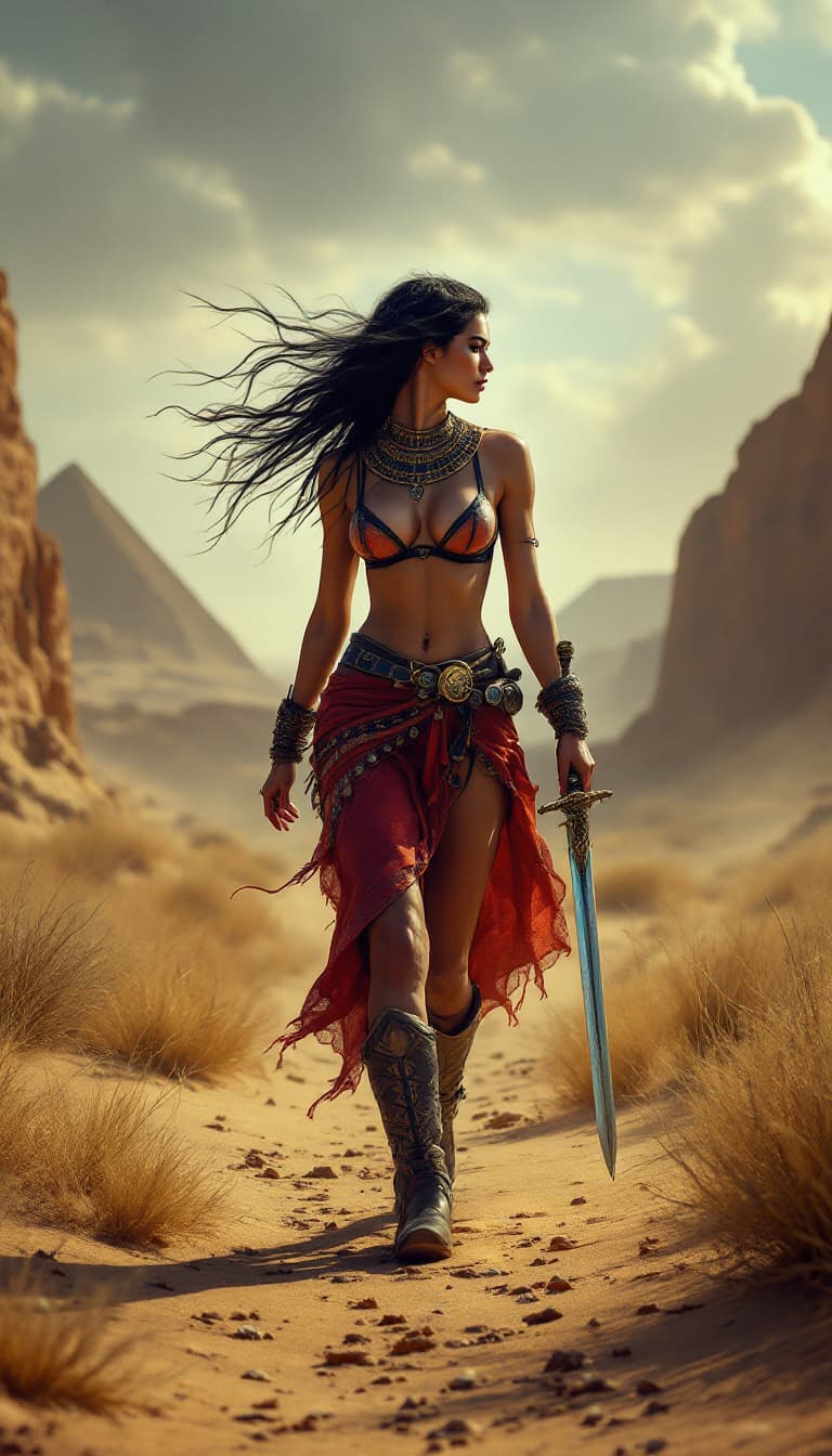 AI generated: Hyper realistic a woman in a bra top and boots walking on a desert path with a sword in her hand and...