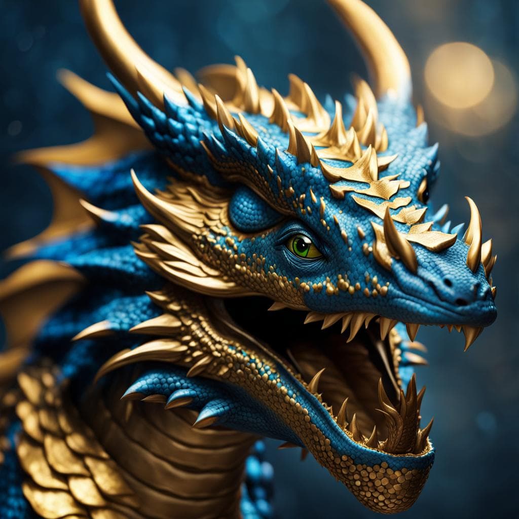 AI generated: 8k, portrait of a of a blue-scaled dragon with a golden shimmer