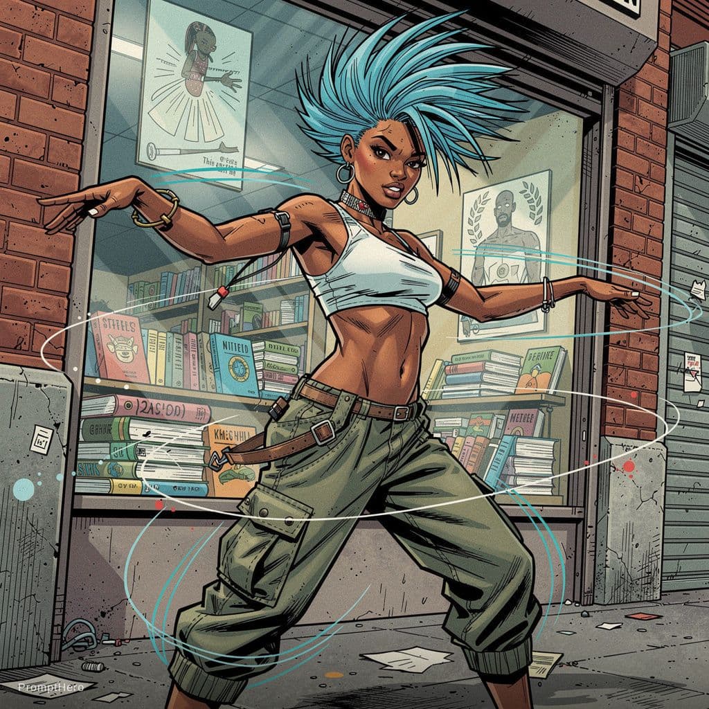 AI generated: Akan-Chokwe female playful dancer 24-year-old with short spiky cerulean hair, asymmetric crop top, c...
