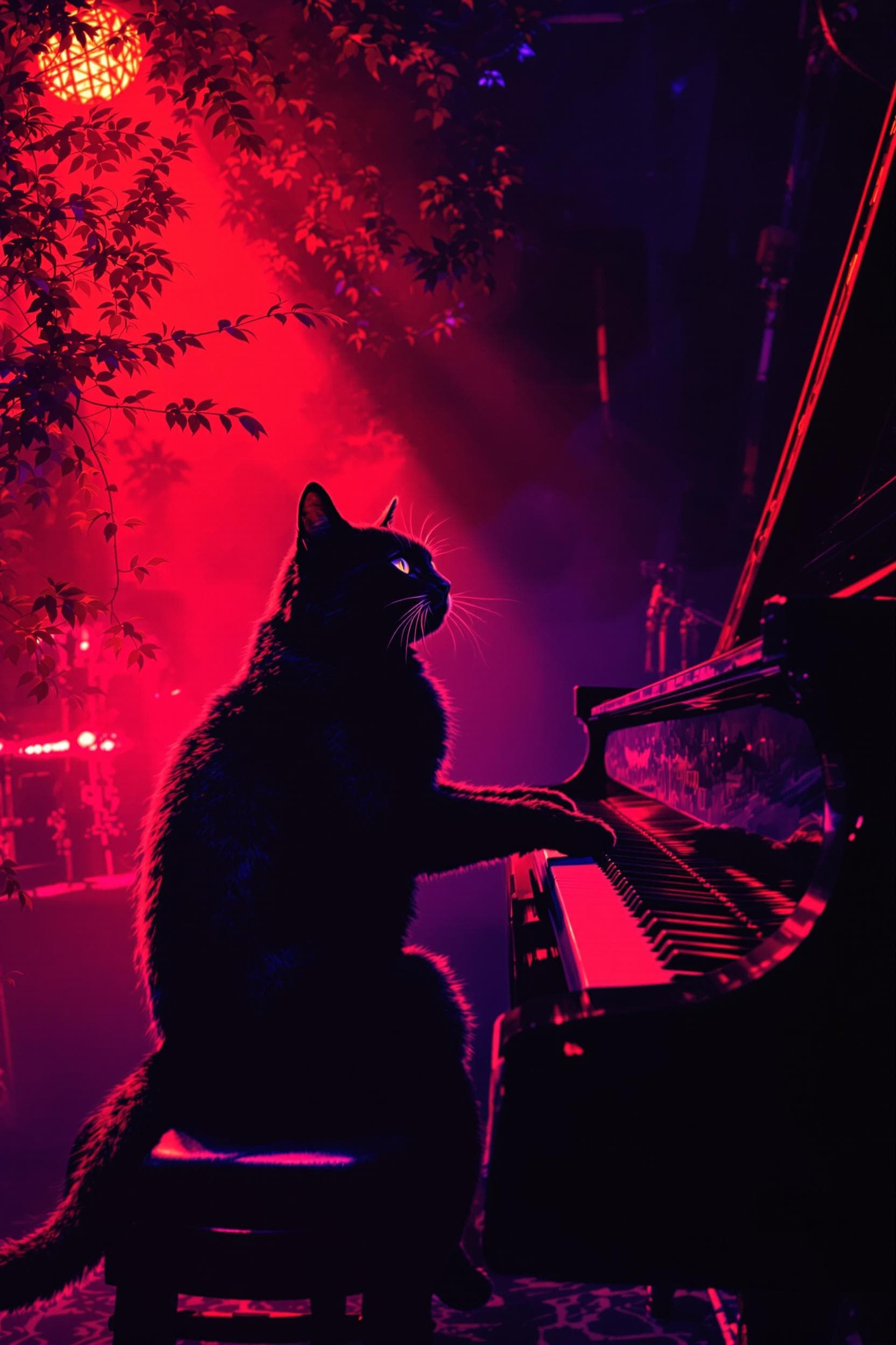 AI generated: neon colored art image : black cat playing a playing a piano on stage in a jazz club with red accent...