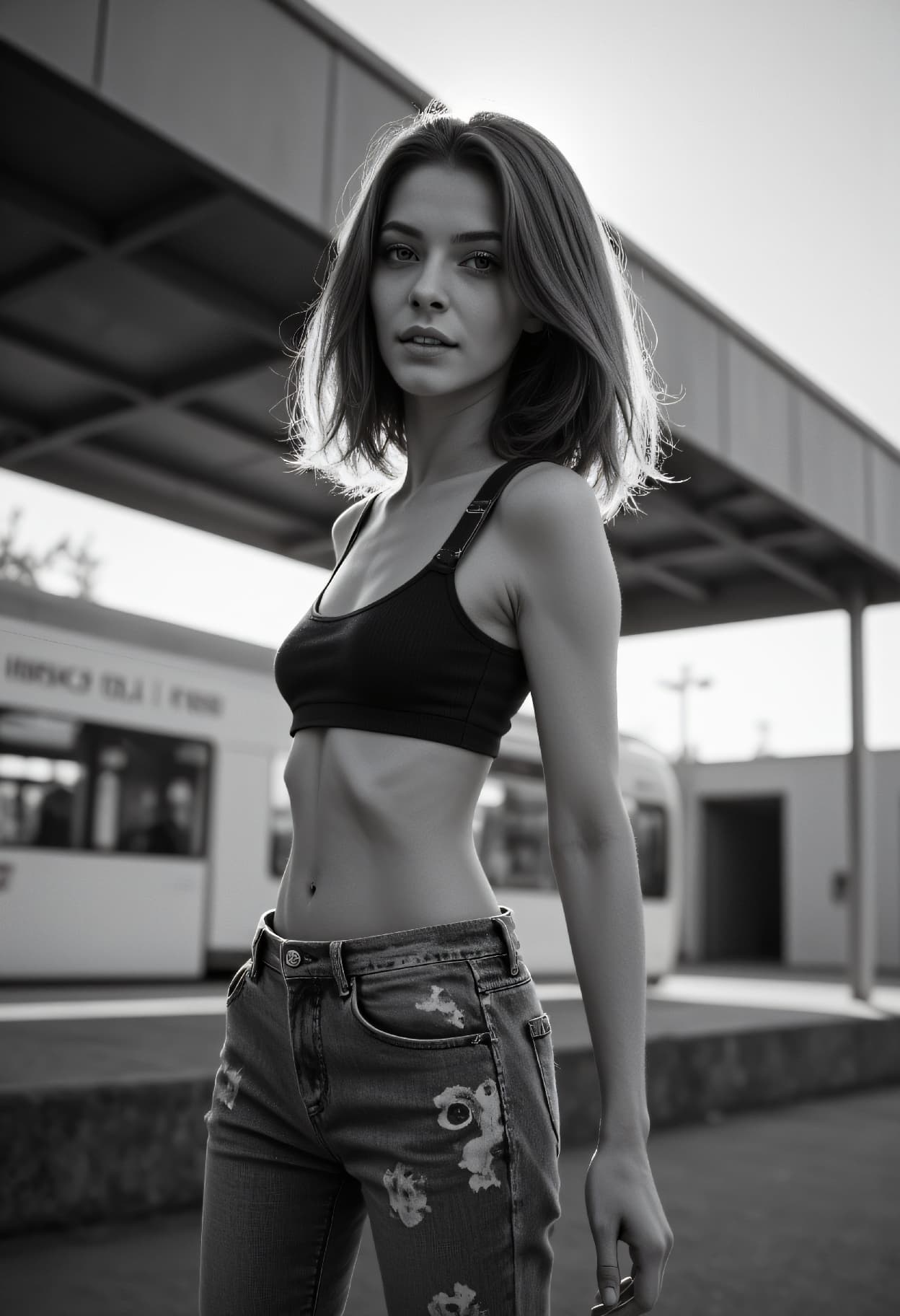 AI generated: black and white photography, Constructivist Fashion high angle photo of a 24-year-old Gujarati-Parsi...
