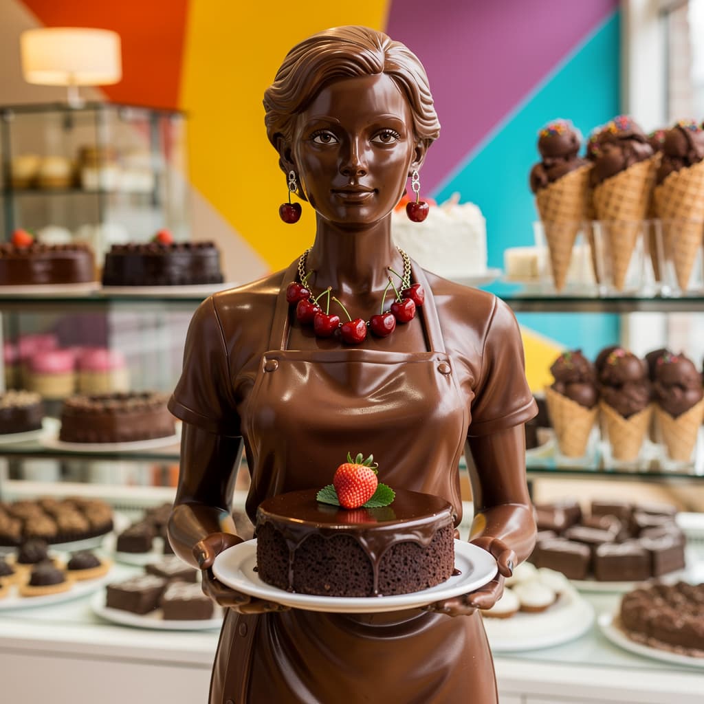 AI generated: photography of a statue of a woman made of chocolate, wearing ( tshirt made in chocolate) and (apron...