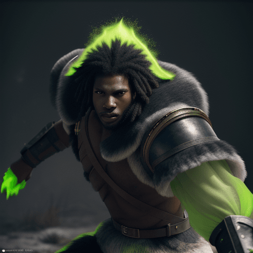 AI generated: black male soldiers wearing wolf pelt fight with green glowing magic, hyper-realism, high detail, oc...