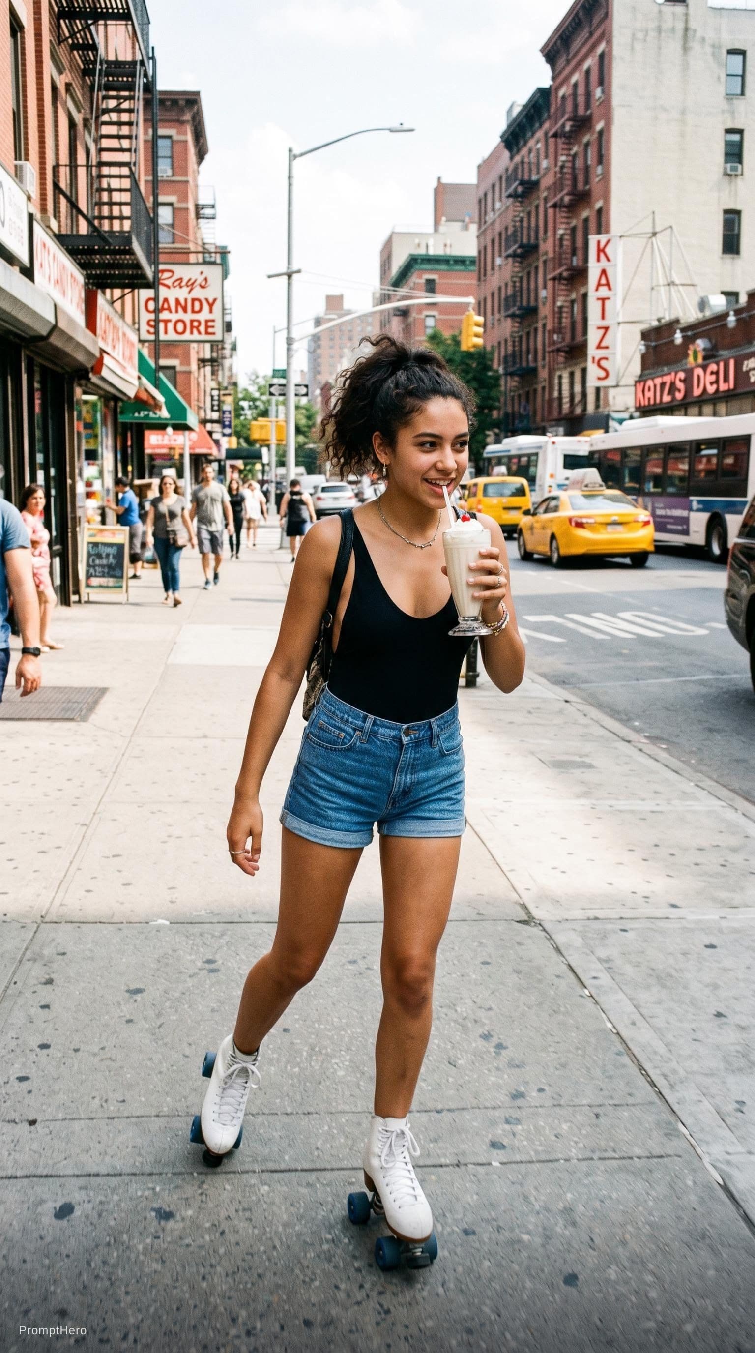 AI generated: A girl in a swimsuit, denim shorts, and roller skates, drinking a milkshake while walking the street...
