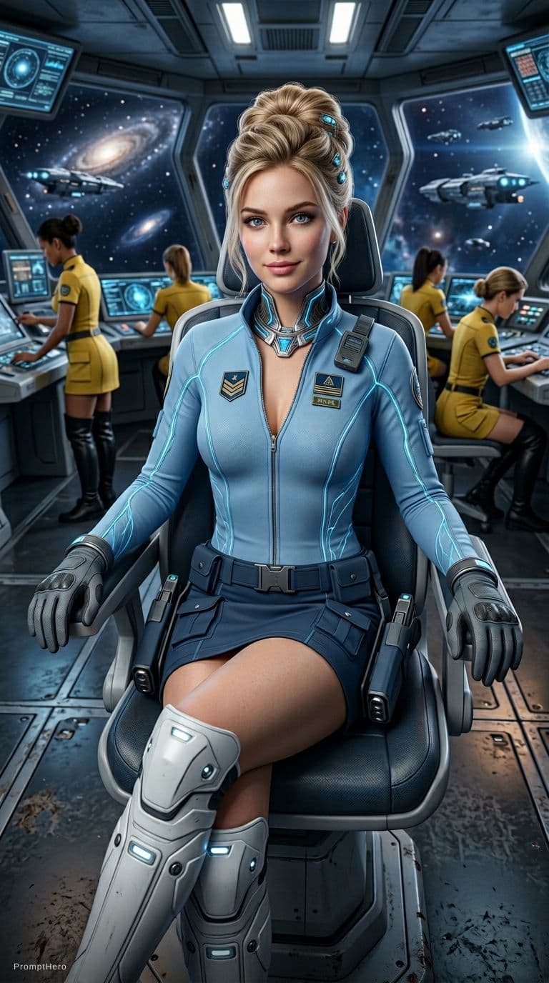 AI generated: Hyper-realistic full-body shot photo of a 20yo female space ship captain. beautiful blue eyes, prett...