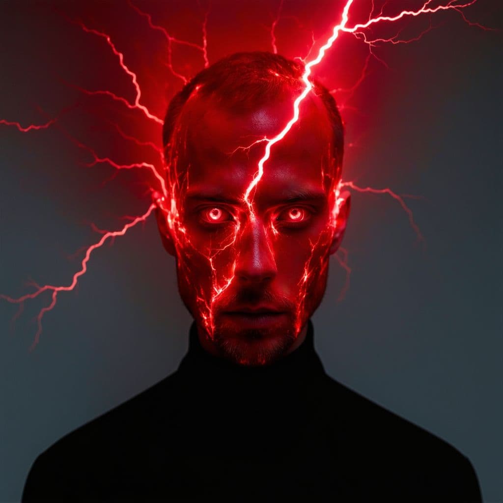 AI generated: high resolution shooting, front view, bloody red color, A MAN figure, upper body, empty eyes, gaze, ...