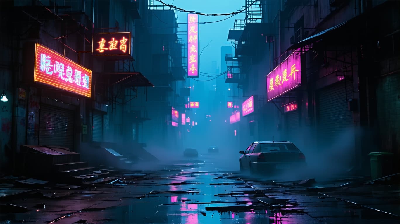 AI generated: A dark, dystopian cyberpunk cityscape at midnight, with neon signs flickering and broken, casting ee...