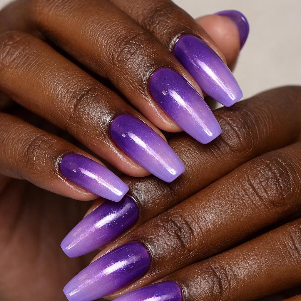 AI generated: Ultra realistic close up image of a dark-brown-skinned hands with long nails and ombre purple glazed...