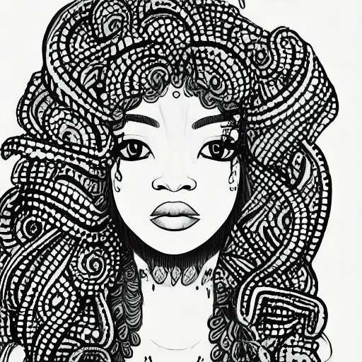 AI generated: ink drawing coloring page for adults, Beautiful and stunning African American girl, highly detailed ...