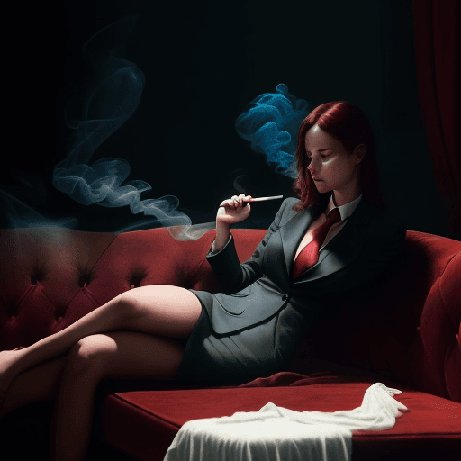 AI generated: photography, dimly lit room with a hazy atmosphere, capturing a female figure lounging on a deep cri...