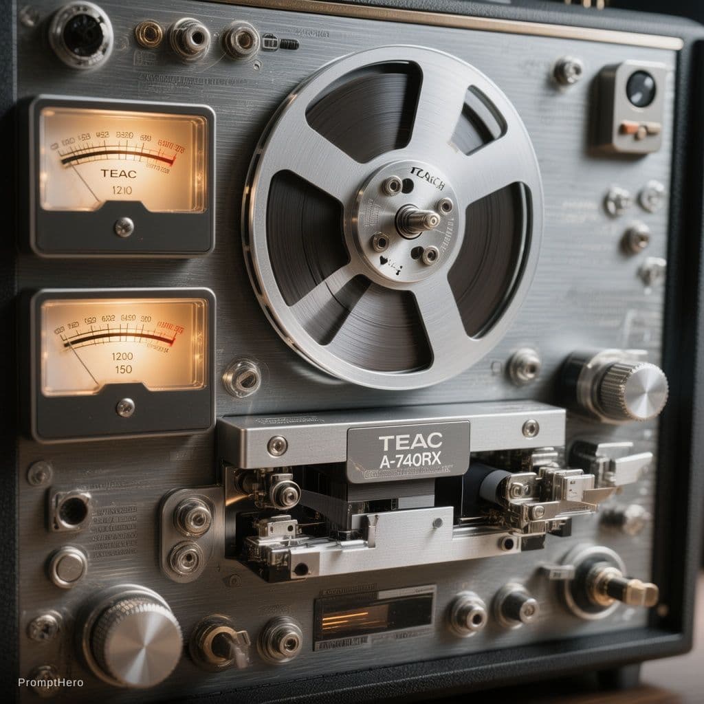 AI generated: Macro, extreme close-up photograph of a vintage high-end TEAC A-7400RX reel-to-reel tape recorder. T...