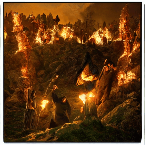 AI generated: a ritual of demons and witches with torches, on a bare mountain, at night, moonlight, gerard brom, i...