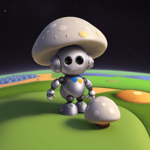 AI generated: Robozinho de lata fofinho, astronauta, Mushroom Kingdom background, 32k, closeup, trending on poltco...