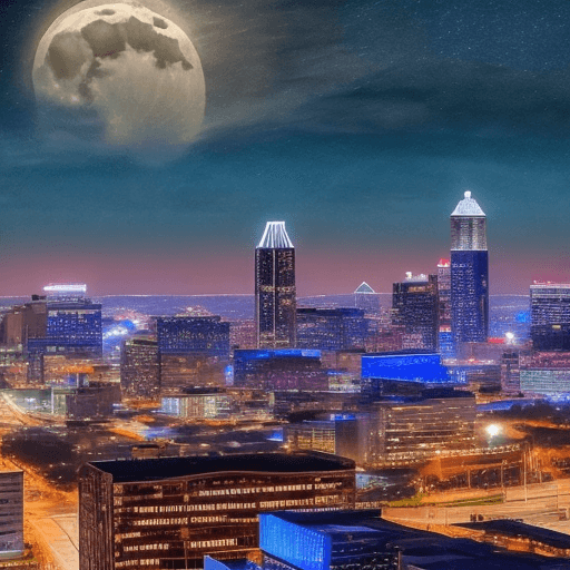 AI generated: Surreal Landscape of the skyline of Downtown Atlanta, night time, blue moon, star-filled sky