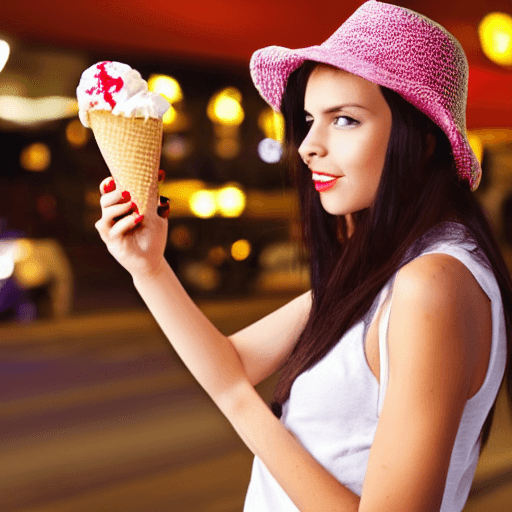 AI generated: beautiful girl with a hat, and long hair, with ice cream, without a dress, in the evening city.