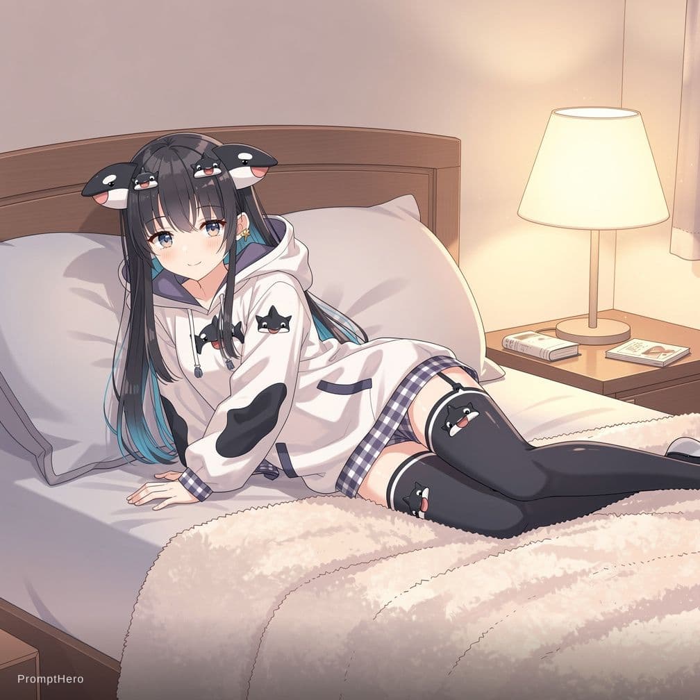 AI generated: shylily, orca vtuber, full body shot, laying on the bed, nude