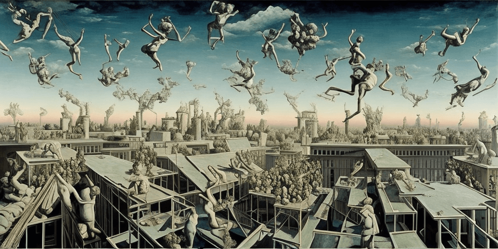 AI generated: painting, rooftop, neo rauch, painting with incomparable reality, intricate details