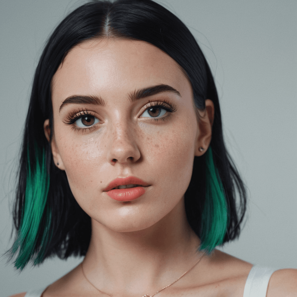 AI generated: Generate a hyper-realistic portrait of a beautiful white girl with neon black hair, light freckles, ...