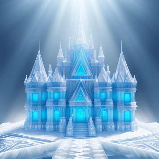 AI generated: palace made of ice + frost + blue highlights + shining light + highly detailed + ultra-realistic