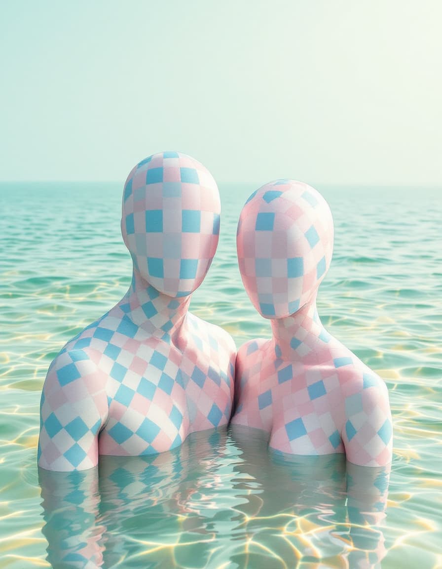 AI generated: A surreal seascape where a man and a woman stand side by side, their front-facing bodies completely ...