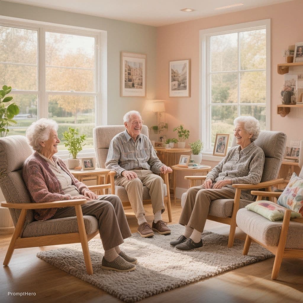 AI generated: cozy senior living room in a modern EHPAD, warm natural lighting streaming through large windows, so...