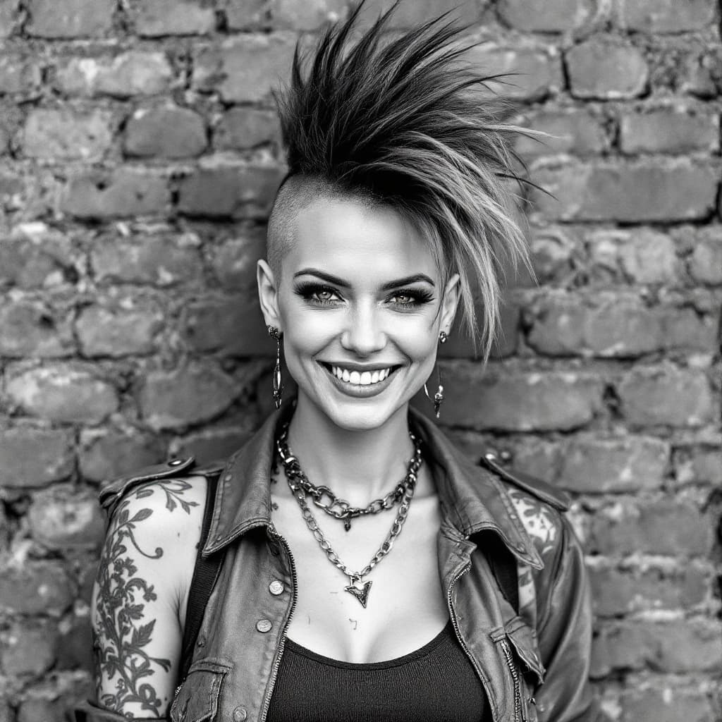 AI generated: make a picture of a 35 year punk female wearing punk fashion , 3/4 of her  is in view of the camera,...