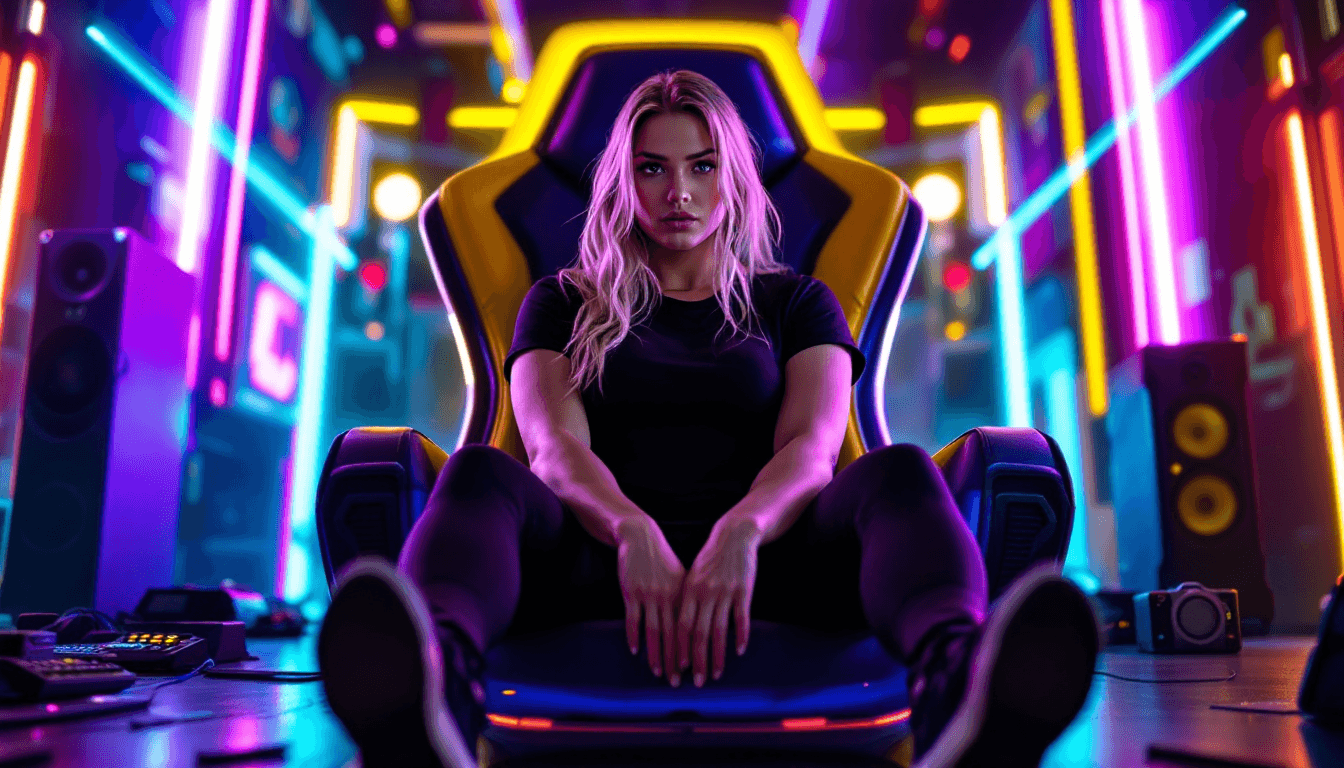 AI generated: A Stunning Curvy Blonde Young woman, mid-20s, light skin tone, seated in a futuristic throne-like ch...
