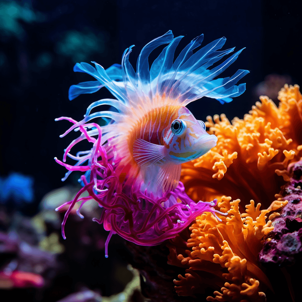 AI generated:  Deep beneath the ocean's surface, a mesmerizing coral reef thrives in vibrant colors and shapes. Bi...
