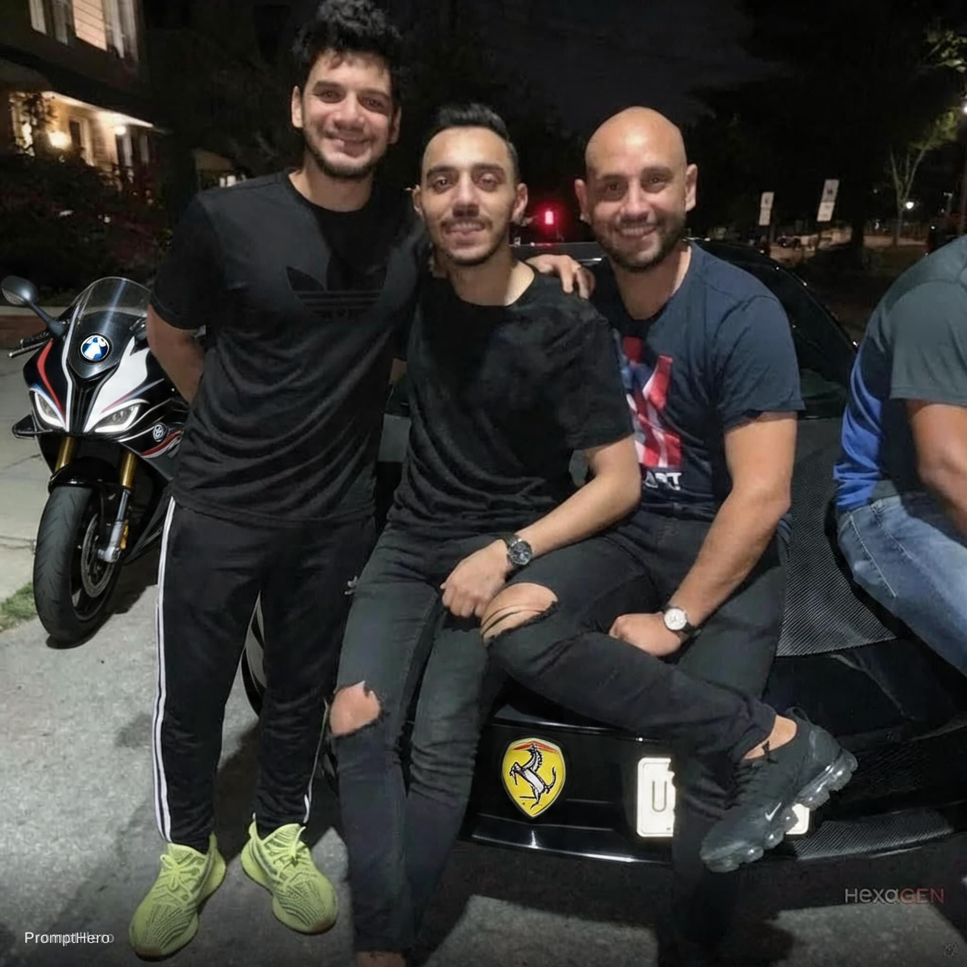 AI generated: Change the car that we leaning on to be super sport car ( black Ferrari ) and add ( black BMW S1000R...