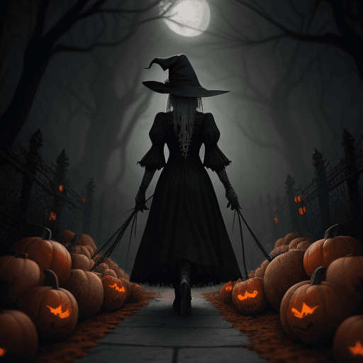 AI generated: the haunting image of a witch with a macabre sense of style, walking toward a trail, amidst countles...