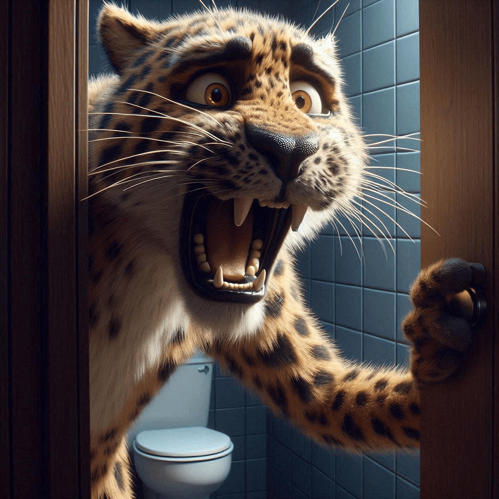 AI generated: Close-up professional cinematic 3D animation of a long-furred leopard, its face panicked and grimaci...
