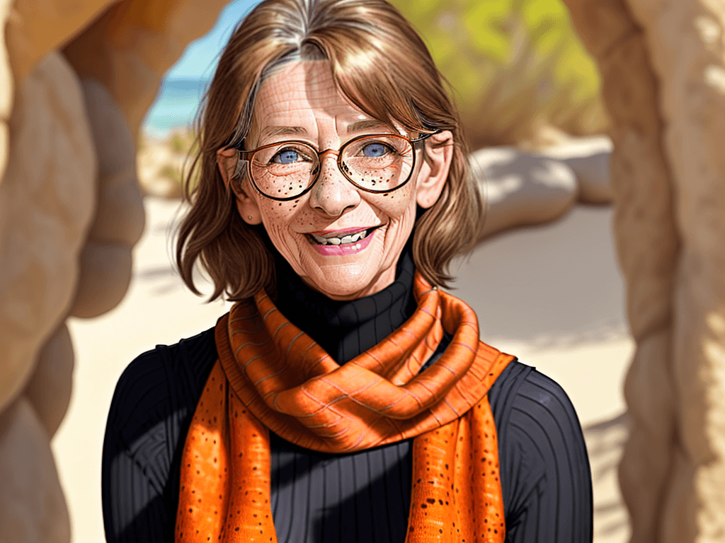 AI generated: HDR photo of woman in her 50s, happy and smiling, mid-lenght brown hair, light-blue eyes with thick ...