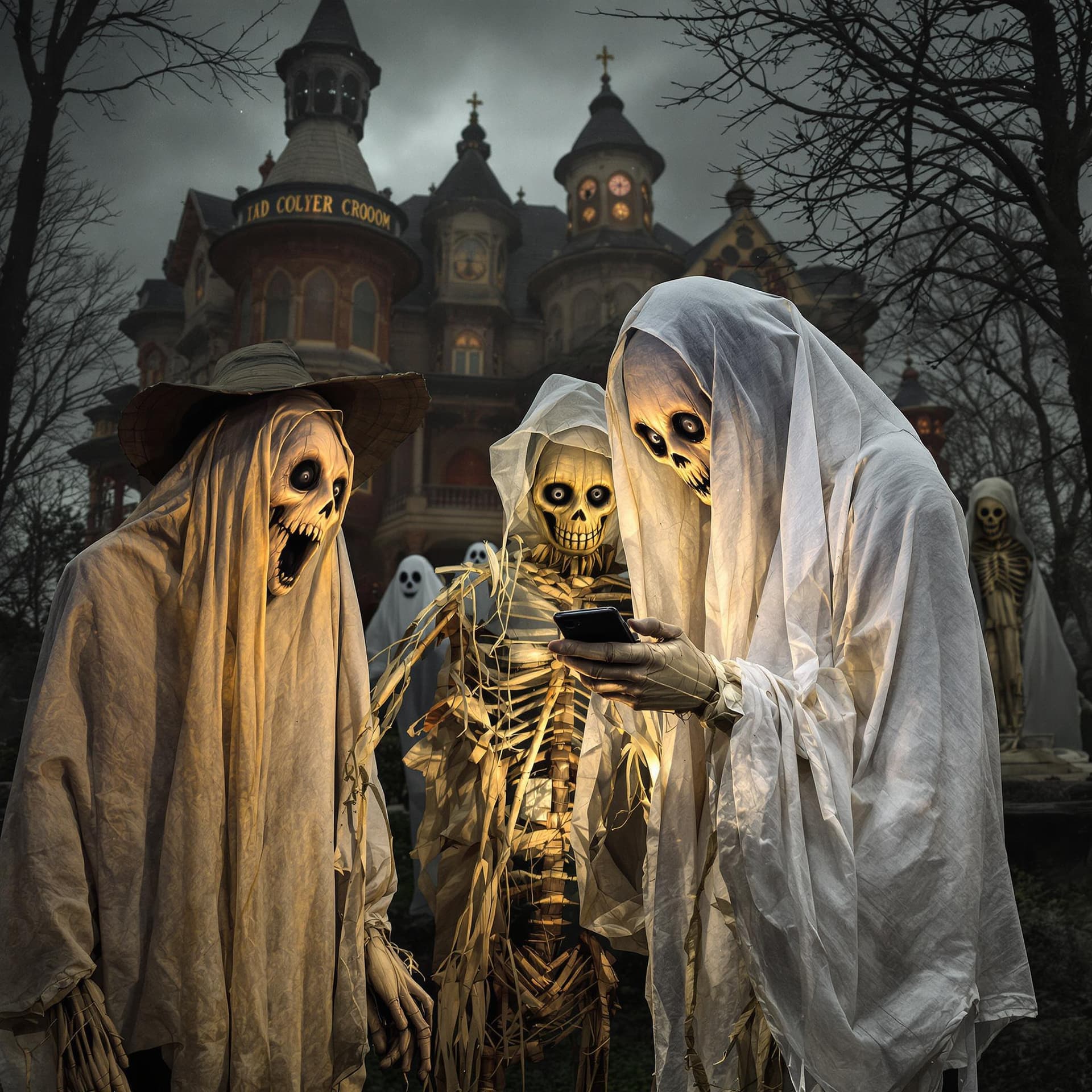 AI generated: Ghostly scarecrows using smartphone in haunted mansion, portrait, other scarecrows in the background...