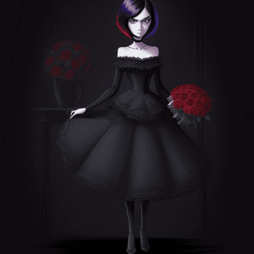 AI generated: an elegant full body fashion illustration of a cartoon gothic young girl with a bouquet of dark rose...