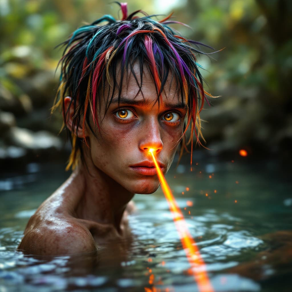 AI generated: Hyper realistic eye level exterior photo an extremely skinny wiry punk guy with huge brown eyes, mul...