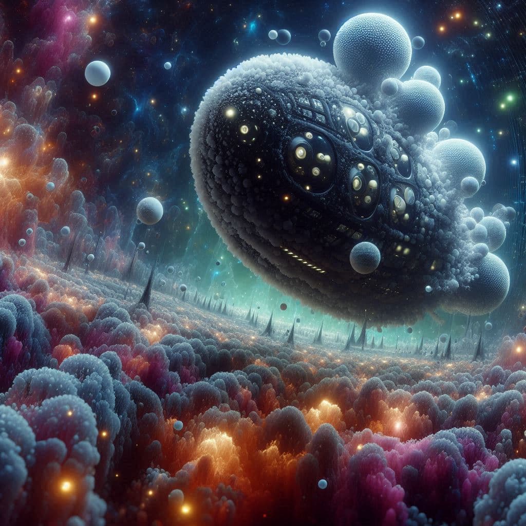 AI generated: Big in the foreground is a dark biotic spaceship made of transparent moldy cells. The strange univer...