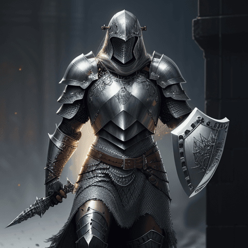 AI generated: 8k an empty suit of chain mail armor wielding a shield and a warhammer, by Raymond Swanland Greg Rut...
