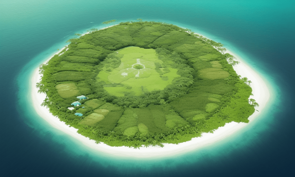 AI generated: bird's eye view of a simple tropical island, green with vegetation. you can see the mainland in the ...