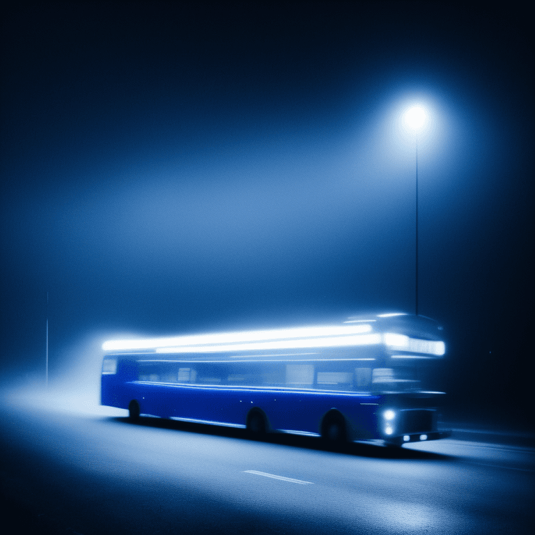AI generated: mid shot view of a dark blue bus in the middle of the night, moonlight,  eerie lighting with neon mi...