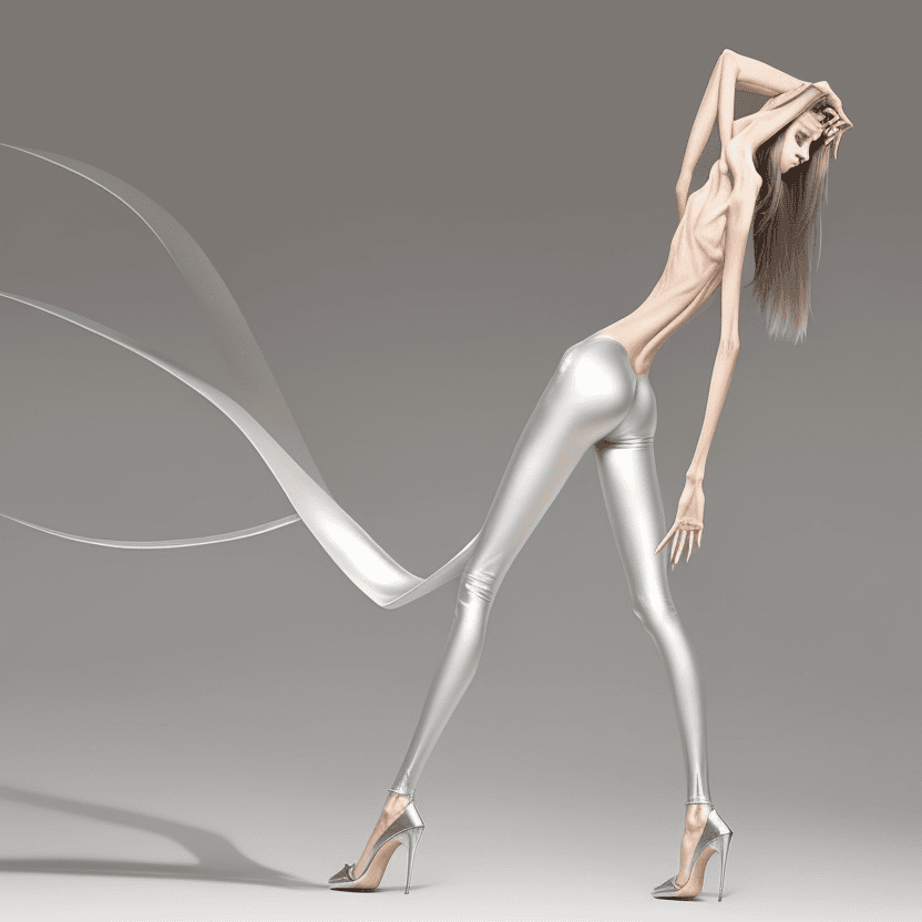 AI generated: photo of an extremely skinny, flat-chested model with extreme long and skinny legs with extreme long...