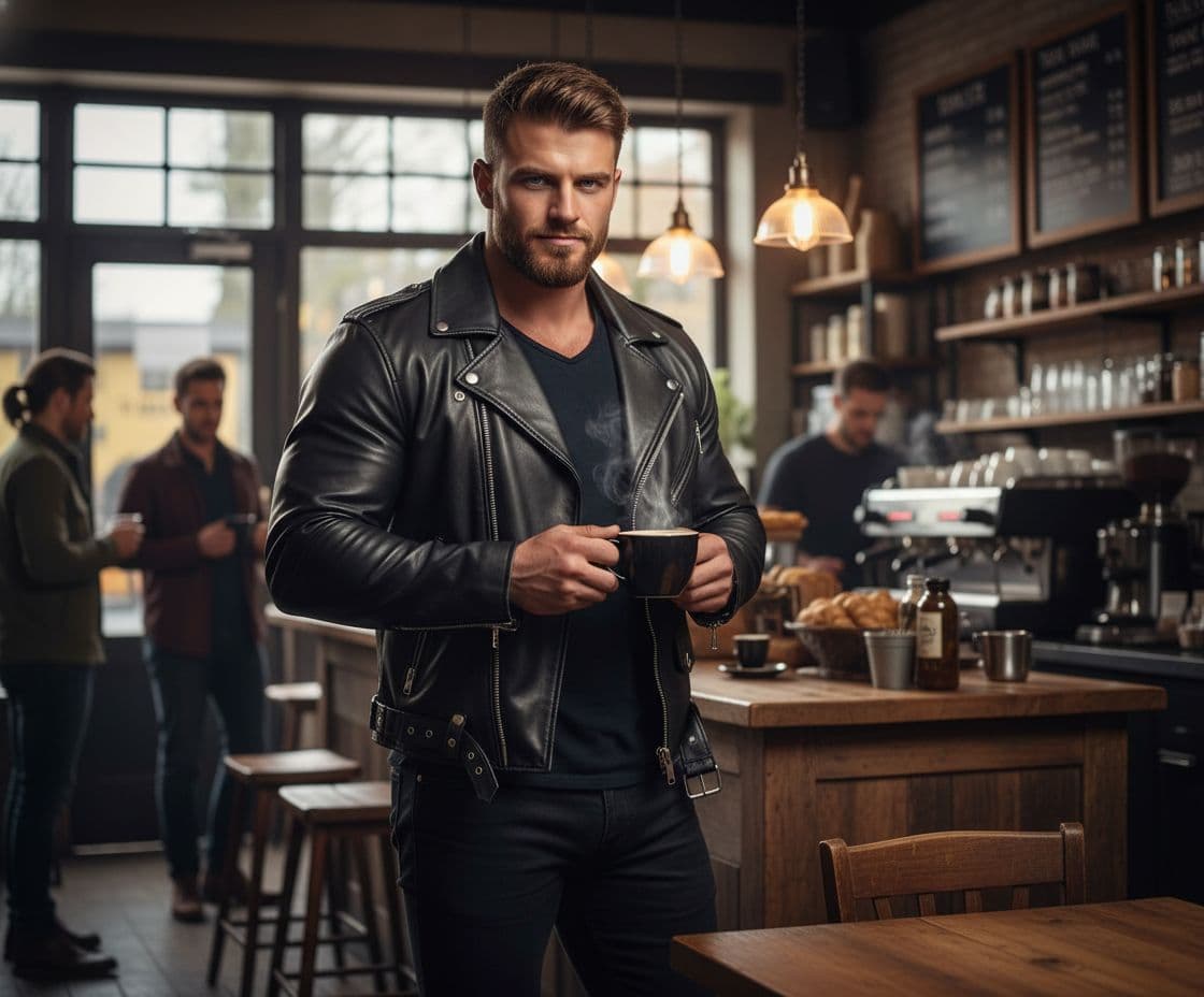 AI generated: Bodybuilder at a coffee shop wearing a leather jacket and black jeans
